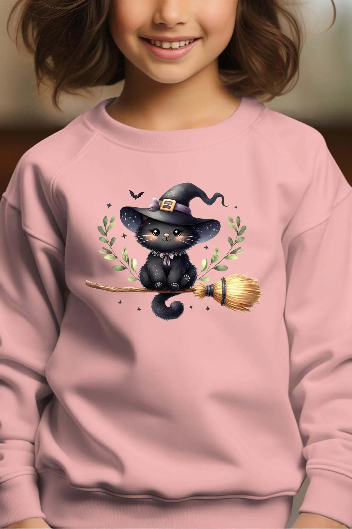 Hexenbesen-Katze – Rundhals-Sweatshirt für Mädchen
