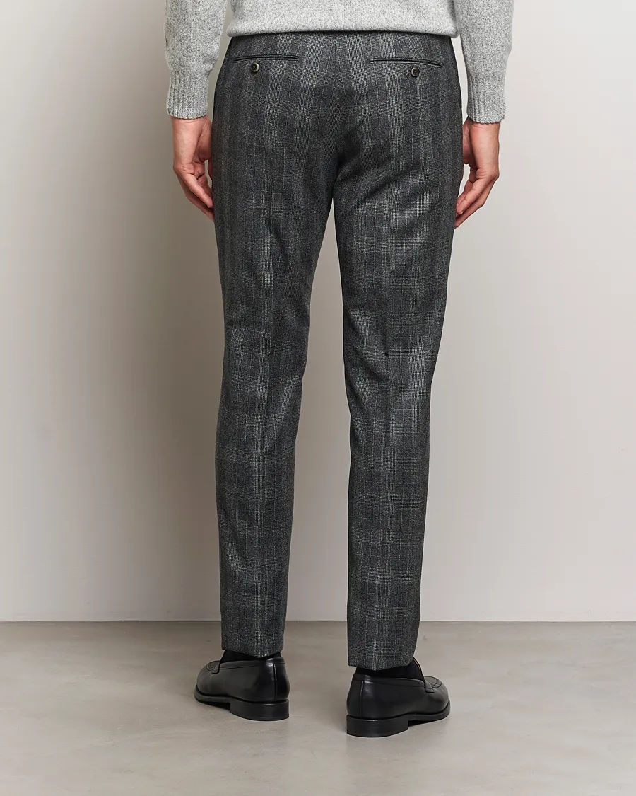 Slim Fit Pleated Checked Flannel Trousers Grey