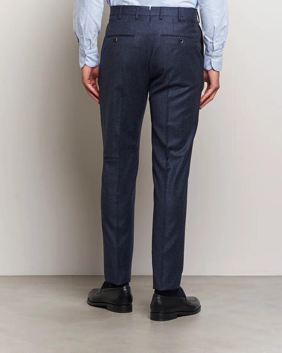 Slim Fit Pleated Houndstooth Flannel Trousers Navy