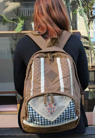 Sweet Polka-dot  Floral Embroidered Plaid Backpack